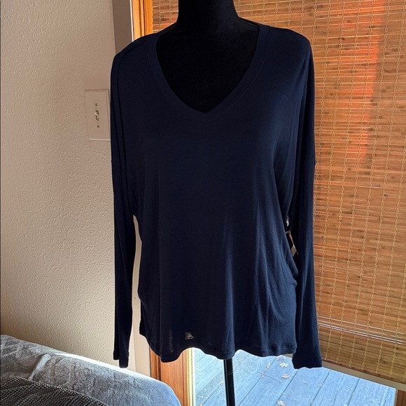 CAbi Dark Blue Long Sleeve white striped back, V-Neck Top - Picture 3 of 4